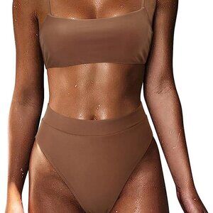 172-BROWN BANDEAU BIKINI TOP & HIGH WAIST BOTTOMS SIZE LARGE NWOT
